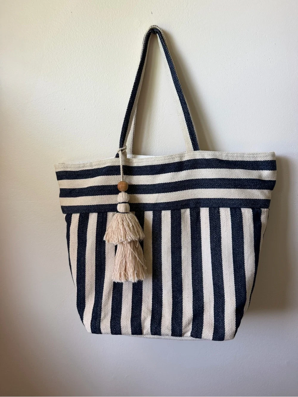 J.Jill Navy & White Striped Woven Tote Bag with Boho Tassel